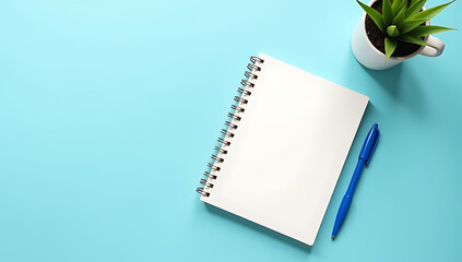 Poster - A photo of an open notebook, a blue pen, and a small plant sits on a light blue surface with empty space around it._00001_