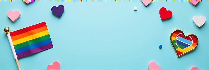Aufkleber - A pastel blue backdrop featuring a rainbow flag, pin badges, and an empty heart surrounded by symbolic parade accessories in a square top view._00001_