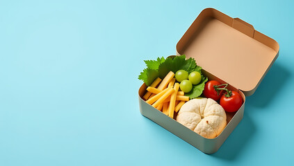 Poster - A nutritious lunch is depicted in an image of a lunch box containing various foods set against a pale blue background._00001_