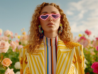 A confident model wearing heart-shaped pink sunglasses and a striped yellow jacket. Bold and playful outdoor fashion portrait with floral background.