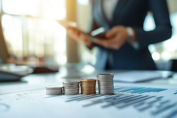 Aufkleber - Stacks of coins on financial documents with businessperson in background, symbolizing investment growth and financial planning in corporate setting