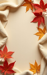 Aufkleber - A high angle view of a warm blanket surrounded by maple leaves, set against an empty beige background for potential text overlay._00001_