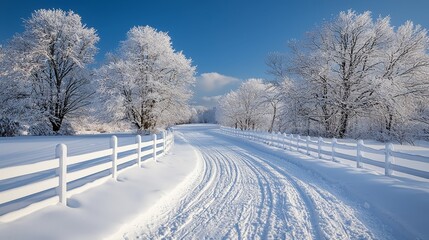 Poster - A snow covered road with a white fence and trees