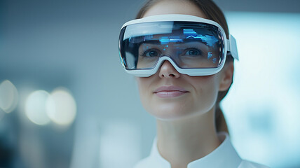 Aufkleber - woman in futuristic setting uses augmented reality glasses, showcasing innovation and technology in modern environment