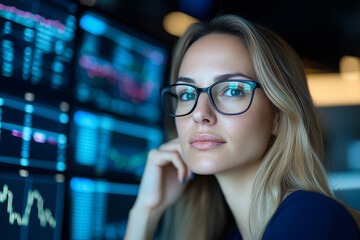 Poster - focused businesswoman in modern workspace analyzes data on multiple screens, showcasing determination and expertise