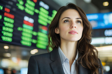 Aufkleber - confident businesswoman in sleek suit stands in front of stock market display, exuding professionalism and focus