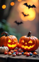 Poster - A Halloween scene with various candies, pumpkins, and spooky creatures such as bats and spiders set against a bright background._00001_