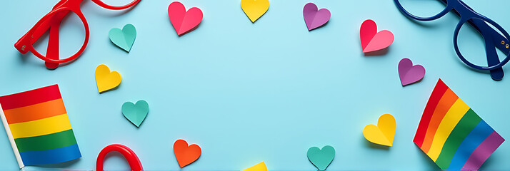 Poster - A flat lay of colorful parade accessories, featuring a rainbow flag and hearts on a soft pastel blue background, ideal for advertising._00001_