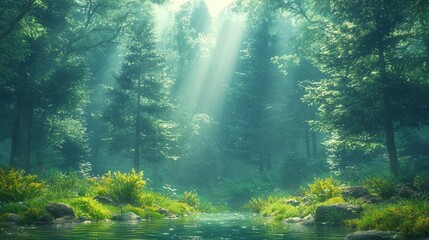 Poster - A stream running through a lush green forest filled with trees