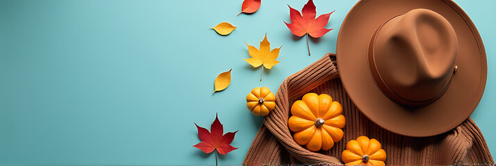 Poster - A cozy autumn scene features a brown sweater, stylish hat, miniature pumpkins, and colorful fall leaves on a warm blue background._00001_