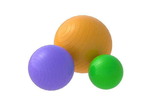 Set of different sizes colorful fitness balls isolated on white background. Pilates training. Sports equipment. Bodybuilding accessory. 3d render