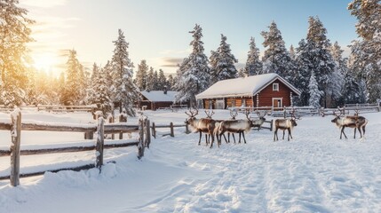 Aufkleber - A serene herd of reindeer moves through a blanket of fresh snow near a rustic cabin surrounded by towering pine trees. The warm glow of sunset illuminates the winter wonderland