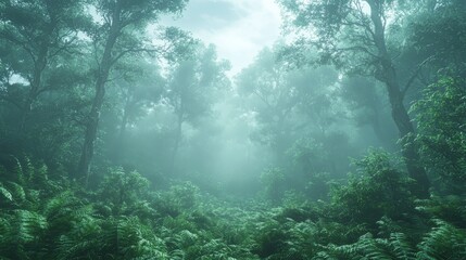  A foggy forest filled with lots of trees and ferns