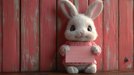 Poster - A cute little bunny holding a pink sign in front of a wooden wall