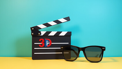 Aufkleber - A colorful scene featuring a 3D movie clapperboard and glasses set against a bright blue and sunny yellow background._00001_