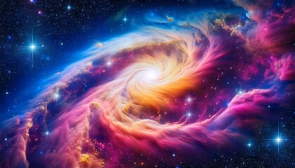 Wall Mural - a vibrant nebula with swirls of pink blue and yellow gas against a background of twinkling stars