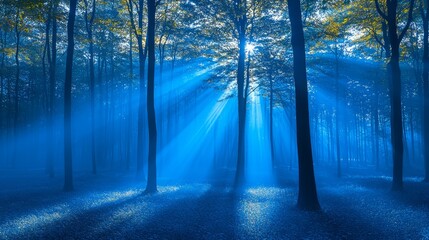 Poster - A blue forest with sunbeams shining through the trees