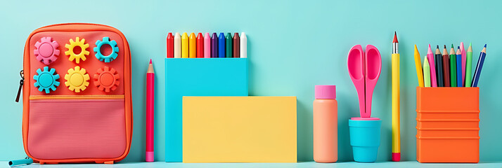 Aufkleber - A colorful array of primary school supplies including a sensory fidget case and various art materials on a spacious pastel background._00001_