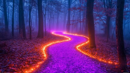 Poster - A path in the middle of a dark forest with glowing lights