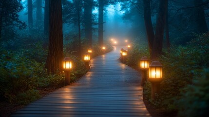 Poster - A wooden walkway in the middle of a forest at night