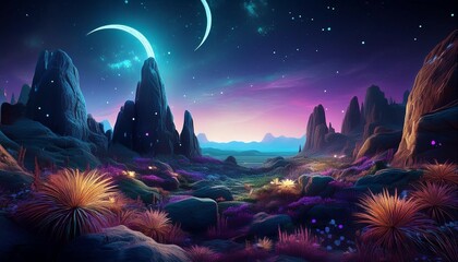 Wall Mural - a surreal landscape with large rock formations a crescent moon and glowing plants under a starry nig