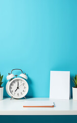 Poster - A blue isolated background showcases a white desk with an alarm clock, notepads, and stationery, perfect for product images or advertisements._00001_