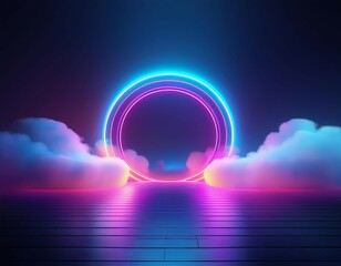 Wall Mural - abstract neon background with illuminated cloud and round geometric arch in mystical foggy scene ren