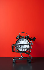 Poster - A black alarm clock sits alone in a shopping cart on a black table against a vibrant red wall backdrop with ample empty space._00001_