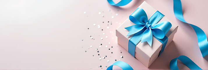 Poster - A beautifully crafted gift box sits on a light pastel colored background surrounded by blue ribbon and sparse, scattered silver confetti._00001_