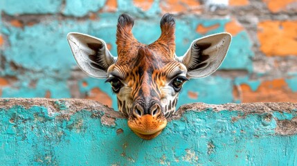 Poster - A giraffe peeking over a blue and orange wall