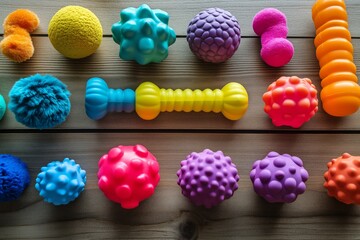 Poster - A selection of squeaky dog toys in vibrant colors on a wooden floor, modern aesthetic.