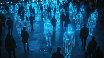 Poster - Facial and body recognition of people walking on street, figures with digital data. Concept of AI technology, surveillance, identification, id, biometric