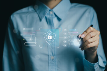 Poster - person in blue shirt interacts with digital security interface, showcasing data protection and technology concepts. image conveys sense of innovation and cybersecurity