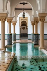 Poster - Serene pool, arched colonnade, ornate tilework.