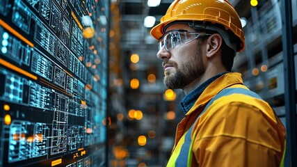 Poster - Worker analyzes data on advanced technology panel in modern facility using high-resolution graphics