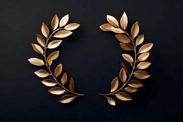 Wall Mural - on a deep black background, a gold olive leaf wreath crown displays intricate greek craftsmanship.