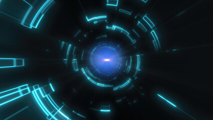 Poster - Blue digital tunnel with concentric lines and central light source, creating a sense of depth, movement, and futuristic design in a tech-inspired setting background
