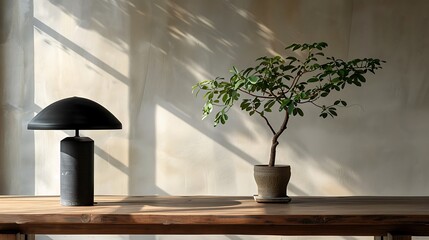 Workspace with a clean wooden desk, a simple black lamp, and a single green plant in a ceramic pot for a natural aesthetic