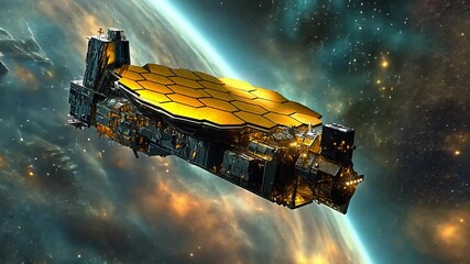 Poster - advanced spacecraft exploring the cosmos with a golden hexagonal design and intricate technology