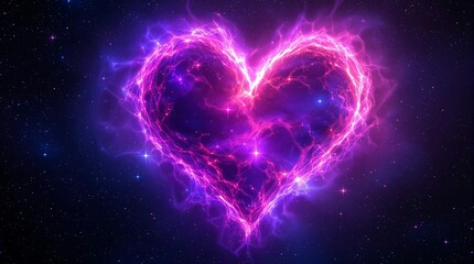 Wall Mural - vibrant glowing heart shape made of pink and purple electric-like energy set against a starry cosmic
