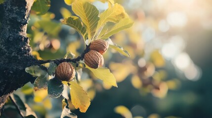 Wall Mural - Close-up of walnuts on a tree branch, sunlight.