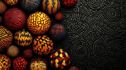 Poster - Colorful spheres with traditional patterns gather on a textured black backdrop, creating a captivating display of culture and artistry that draws in the viewer