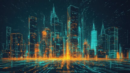 Poster - Futuristic cityscape with glowing lines and digital effects representing technology and innovation.