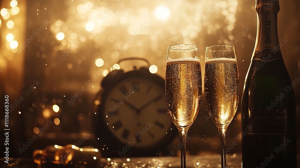 2025 New Year Celebration - Champagne And Clock For Countdown Stock ...
