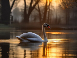 Poster - An AI generated image of a swan in the early morning warm light. The generated image shows the swan in its would be natural setting. the warm glow on the water adds to the atmosphere