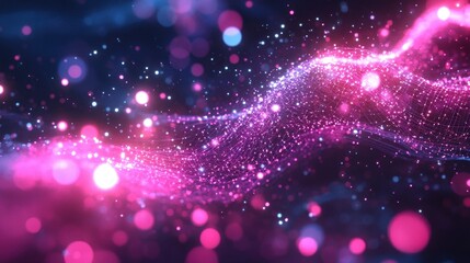 Poster - Abstract digital art featuring vibrant pink and blue particles in a flowing wave pattern.