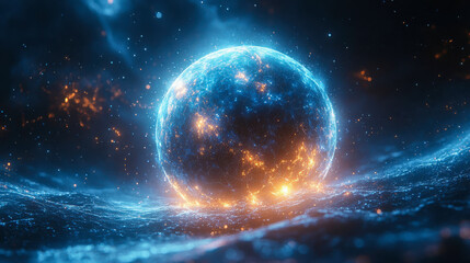 Poster - A glowing blue sphere emitting fiery orange light and intricate network lines, floating in a cosmic setting