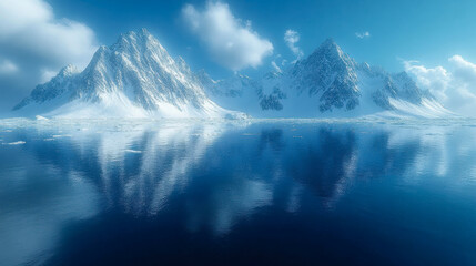 Majestic snow-covered mountains reflected in a pristine, calm polar ocean under a clear blue sky