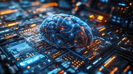 Poster - A glowing digital 3D brain model displayed over a futuristic circuit board background, symbolizing artificial intelligence and innovation