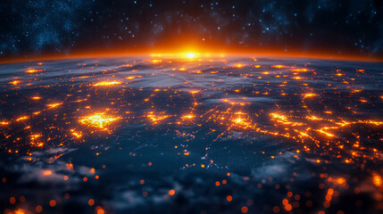 Poster - A glowing orange grid of light dots extending into the horizon, resembling a futuristic cityscape or network